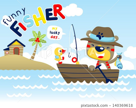 Cartoon vector of funny cat with duck on boat fishing in the sea 140369618
