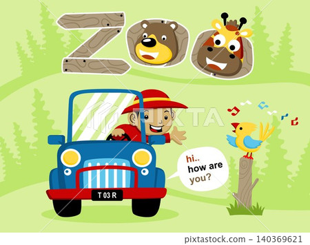Little boy on car with cute animals, vector cartoon illustration Little boy on car with cute animals, vector cartoon illustration 140369621