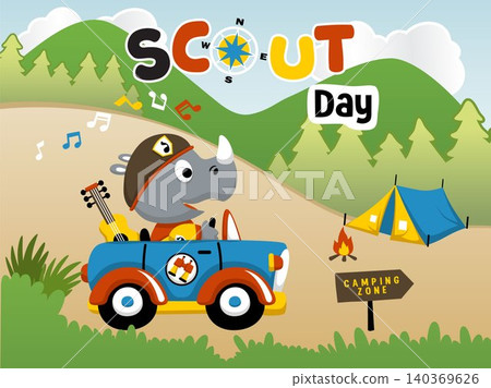 Little rhino in scout uniform driving car going to camping ground, vector cartoon illustration, camping elements Little rhino in scout uniform driving car going to camping ground, vector cartoon illustration, camping elements 140369626