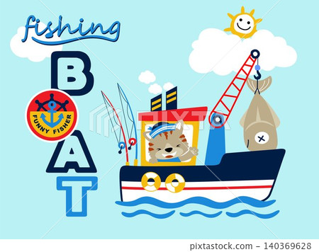 Cartoon vector of funny cat sailor on fishing boat with big fish, sailing element illustration Cartoon vector of funny cat sailor on fishing boat with big fish, sailing element illustration 140369628