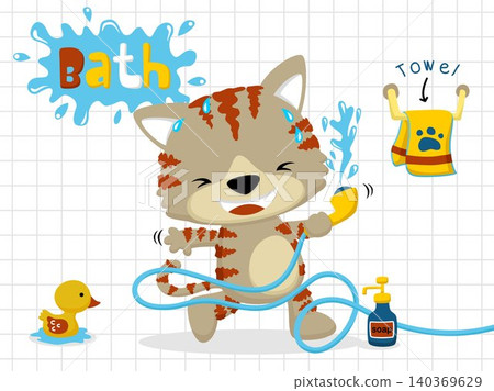 Little cat cartoon vector in bathroom holding water hose, bathroom elements illustration Little cat cartoon vector in bathroom holding water hose, bathroom elements illustration 140369629
