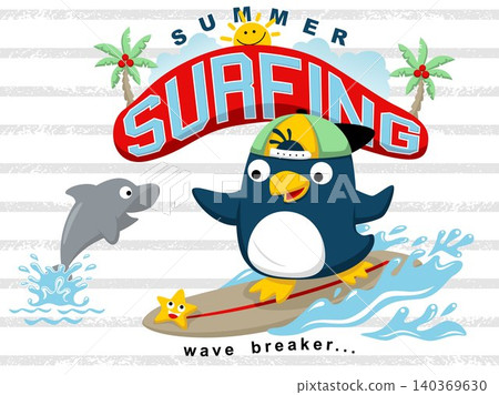 Vector cartoon of cute penguin surfing with dolphin and starfish, summer beach elements 140369630