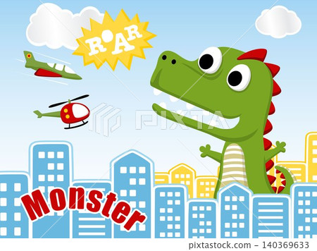 Green monster cartoon vector attack a city, aircraft save city Green monster cartoon vector attack a city, aircraft save city 140369633