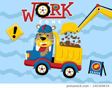 construction vehicle cartoon vector with funny tiger driver, construction elements illustration construction vehicle cartoon vector with funny tiger driver, construction elements illustration 140369634
