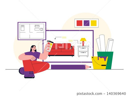 Interior Designer Vector Illustration Featuring Home Design Planning, Architectural Floor Plan, Creative Workspace, and Modern Interior Concept Interior Designer Vector Illustration Featuring Home Design Planning, Architectural Floor Plan, Creative Workspace, and Modern Interior Concept 140369640