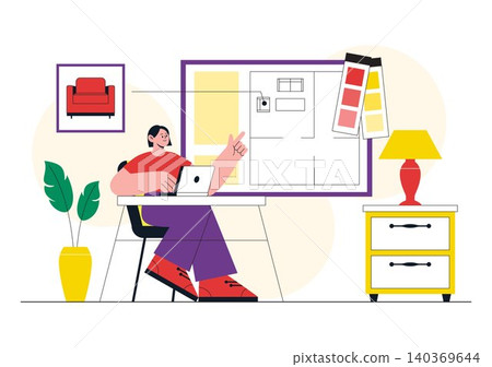 Interior Designer Vector Illustration Featuring Home Design Planning, Architectural Floor Plan, Creative Workspace, and Modern Interior Concept Interior Designer Vector Illustration Featuring Home Design Planning, Architectural Floor Plan, Creative Workspace, and Modern Interior Concept 140369644