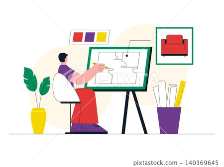 Interior Designer Vector Illustration Featuring Home Design Planning, Architectural Floor Plan, Creative Workspace, and Modern Interior Concept Interior Designer Vector Illustration Featuring Home Design Planning, Architectural Floor Plan, Creative Workspace, and Modern Interior Concept 140369645