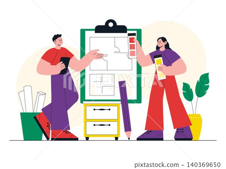 Interior Designer Vector Illustration Featuring Home Design Planning, Architectural Floor Plan, Creative Workspace, and Modern Interior Concept 140369650