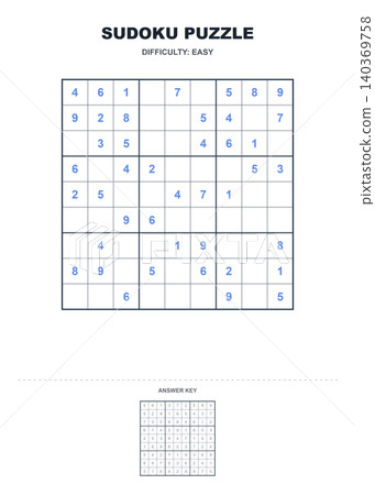 Easy sudoku puzzle game template with answer key logical worksheet for beginners PNG Easy sudoku puzzle game template with answer key logical worksheet for beginners PNG 140369758