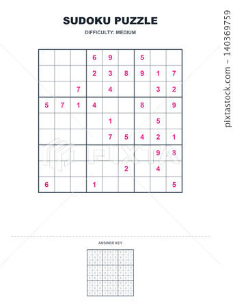 Medium difficulty sudoku puzzle game template with answer key education logic worksheet PNG Medium difficulty sudoku puzzle game template with answer key education logic worksheet PNG 140369759