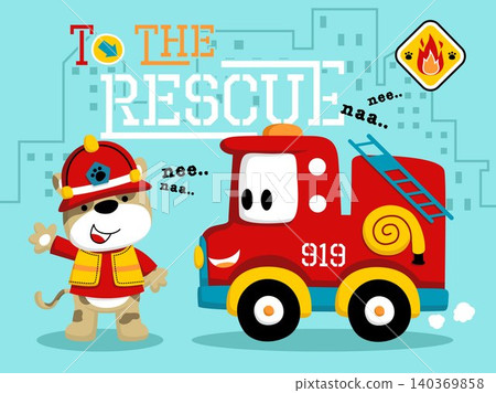 Vector illustration of cartoon cute puppy in fireman costume with funny fire truck 140369858