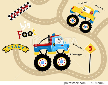 Vector illustration of funny monster truck racing cartoon Vector illustration of funny monster truck racing cartoon 140369860