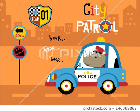Vector illustration of cartoon rhino driving police car on buildings background, traffic element Vector illustration of cartoon rhino driving police car on buildings background, traffic element 140369862