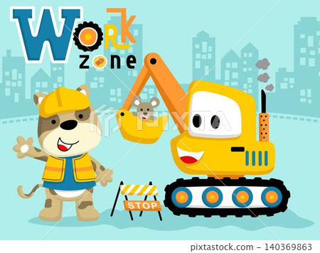 Cartoon vector of cute puppy in worker costume with little mouse on construction vehicle on buildings background Cartoon vector of cute puppy in worker costume with little mouse on construction vehicle on buildings background 140369863