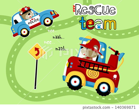Cute bear on police car and other bear on fire truck in the road. Vector cartoon illustration Cute bear on police car and other bear on fire truck in the road. Vector cartoon illustration 140369871