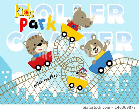 Happy animals playing roller coaster on buildings background. Rhino, tiger, bear and frog. Vector cartoon illustration 140369872