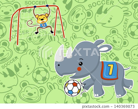 Funny rhino with monkey playing soccer on animals smile face seamless pattern background. Vector cartoon illustration Funny rhino with monkey playing soccer on animals smile face seamless pattern background. Vector cartoon illustration 140369873