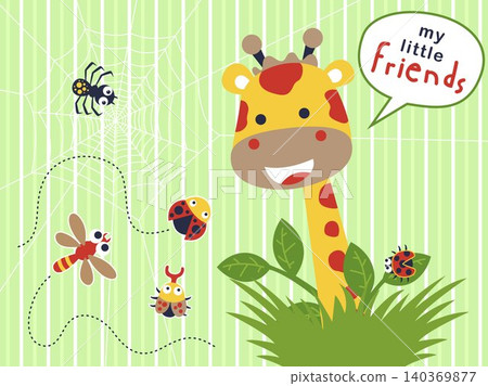 Funny giraffe cartoon with little bugs. Ladybird, beetle, dragonfly and spider on cobweb. Vector cartoon illustration Funny giraffe cartoon with little bugs. Ladybird, beetle, dragonfly and spider on cobweb. Vector cartoon illustration 140369877