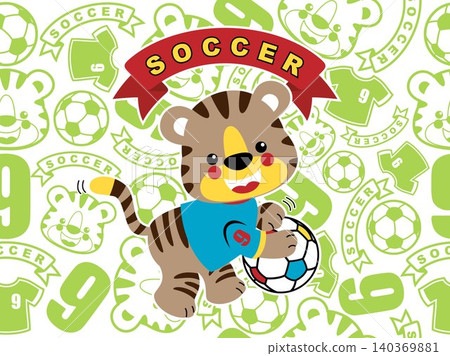Funny little tiger holding ball on seamless pattern background of soccer elements and tiger smiling face. Vector cartoon illustration Funny little tiger holding ball on seamless pattern background of soccer elements and tiger smiling face. Vector cartoon illustration 140369881