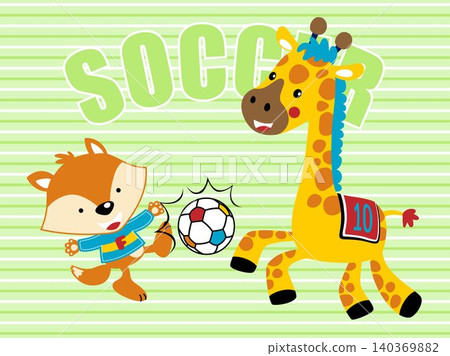 Funny little fox playing soccer with giraffe on striped background Funny little fox playing soccer with giraffe on striped background 140369882