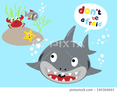 Vector illustration of marine life cartoon. Crab, starfish and fish hiding from big shark Vector illustration of marine life cartoon. Crab, starfish and fish hiding from big shark 140369883