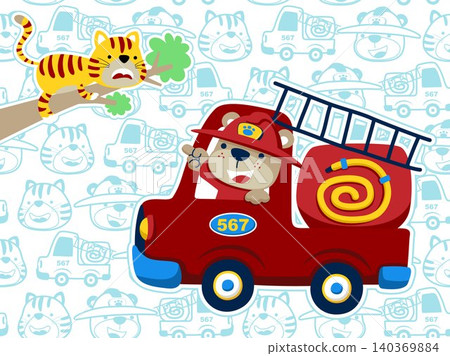 Bear the firefighter driving fire truck to rescue a cat on tree branches, seamless pattern of fire truck with animals smile face 140369884