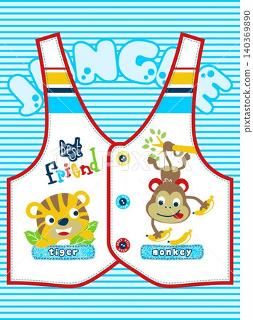 Vector cartoon of baby tiger hiding on leaves, monkey hang on tree branches while holding bananas. Children clothes pattern Vector cartoon of baby tiger hiding on leaves, monkey hang on tree branches while holding bananas. Children clothes pattern 140369890