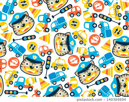 seamless pattern vector of funny cat in police cap with colorful cars and traffic signs. Vector cartoon illustration seamless pattern vector of funny cat in police cap with colorful cars and traffic signs. Vector cartoon illustration 140369894