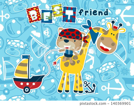 Vector cartoon of funny cat wearing bandana ride on giraffe's back while pull sailboat toy, pirate elements illustration Vector cartoon of funny cat wearing bandana ride on giraffe's back while pull sailboat toy, pirate elements illustration 140369901
