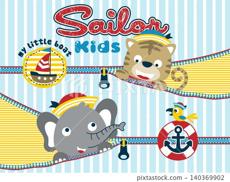 Funny tiger and elephant wearing sailor cap playing hide and seek in zipper with sailing element, little bird wearing sailor hat perching on lifebuoy Funny tiger and elephant wearing sailor cap playing hide and seek in zipper with sailing element, little bird wearing sailor hat perching on lifebuoy 140369902