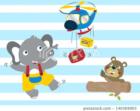 A helicopter dropping two box of candy for elephant and bear. Vector cartoon illustration A helicopter dropping two box of candy for elephant and bear. Vector cartoon illustration 140369903