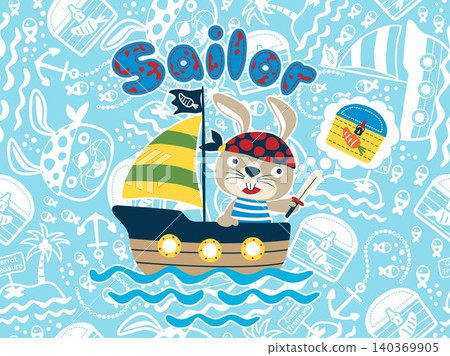 Funny rabbit cartoon in pirate costume holding sword on seamless pattern background of pirate elements. Vector cartoon illustration Funny rabbit cartoon in pirate costume holding sword on seamless pattern background of pirate elements. Vector cartoon illustration 140369905