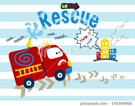 Funny fire truck cartoon in duty on striped background Funny fire truck cartoon in duty on striped background 140369906