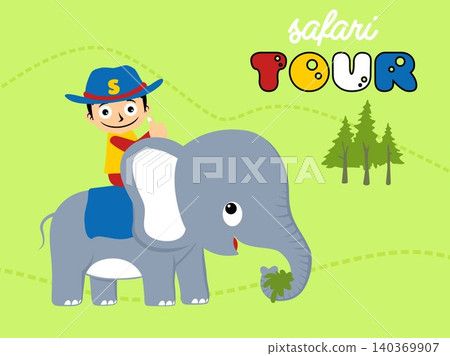 vector illustration of cartoon boy wearing cowboy cap riding elephant, safari tour element vector illustration of cartoon boy wearing cowboy cap riding elephant, safari tour element 140369907
