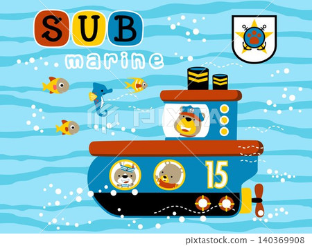 vector cartoon of funny bear and rabbit on submarine undersea with marine animals vector cartoon of funny bear and rabbit on submarine undersea with marine animals 140369908