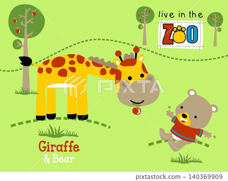 Vector illustration of cartoon nice giraffe and little bear in the zoo Vector illustration of cartoon nice giraffe and little bear in the zoo 140369909