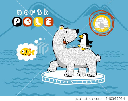 Vector cartoon of cute penguin ride on polar bear's back, Antarctica element illustration Vector cartoon of cute penguin ride on polar bear's back, Antarctica element illustration 140369914