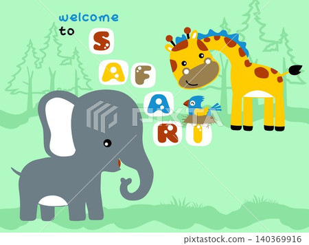 Vector cartoon of elephant and giraffe with bird 140369916