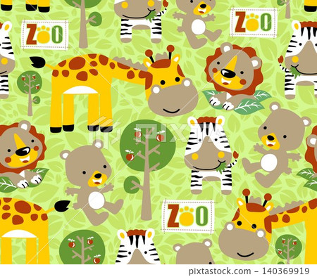 seamless pattern vector with cute animals on leaves background, jungle element cartoon seamless pattern vector with cute animals on leaves background, jungle element cartoon 140369919