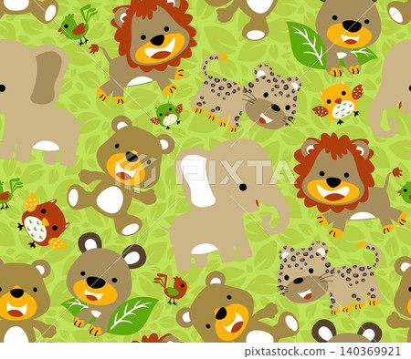 seamless pattern of funny animals cartoon on leaves background 140369921