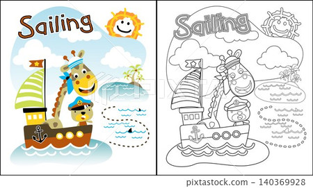 Vector cartoon of funny giraffe with bear in sailor cap on sailboat, sailing elements illustration, coloring book or page Vector cartoon of funny giraffe with bear in sailor cap on sailboat, sailing elements illustration, coloring book or page 140369928