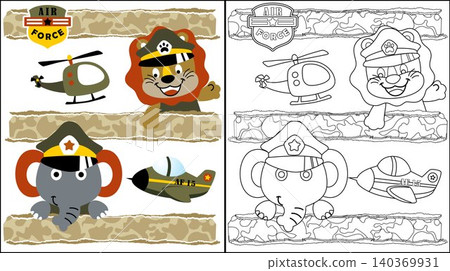 Vector cartoon of funny lion and elephant in soldier cap with military aircraft, coloring book or page Vector cartoon of funny lion and elephant in soldier cap with military aircraft, coloring book or page 140369931