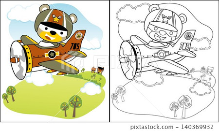 vector cartoon of cute bear pilot on military plane fly across countryside, coloring book or page 140369932