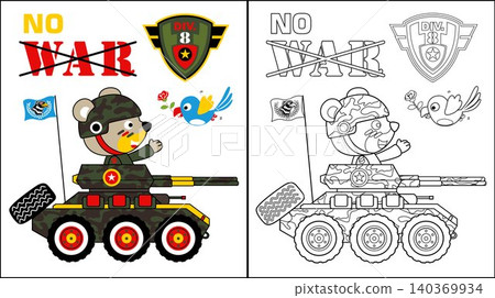 Vector cartoon of cute bear in soldier costume on military vehicle, a bird carrying flower. coloring book or page 140369934