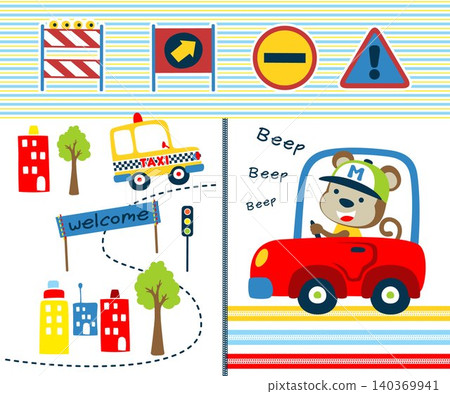 Traffic elements vector illustration with cartoon funny monkey driving car Traffic elements vector illustration with cartoon funny monkey driving car 140369941