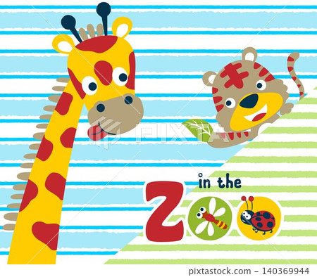 Vector illustration of cute animals, cartoon tiger and giraffe with funny bugs on striped background 140369944