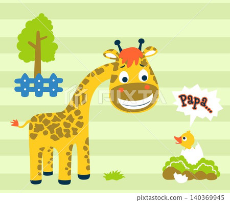 Vector illustration of cartoon giraffe with baby duck, the duck called PAPA to the giraffe Vector illustration of cartoon giraffe with baby duck, the duck called PAPA to the giraffe 140369945