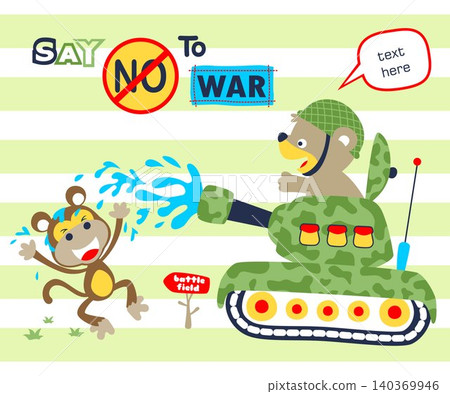 Vector illustration of cartoon bear on armored vehicle spraying water to funny monkey Vector illustration of cartoon bear on armored vehicle spraying water to funny monkey 140369946