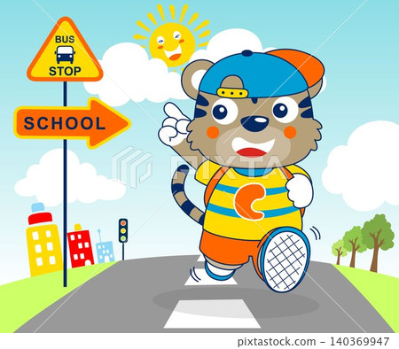 Vector illustration of little tiger going to school walking in road, city traffic element on blue sky background Vector illustration of little tiger going to school walking in road, city traffic element on blue sky background 140369947