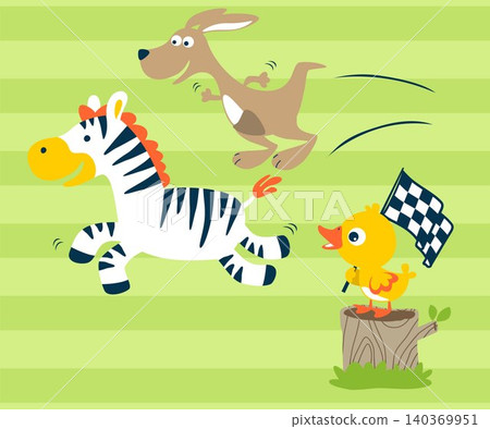 Vector illustration of cartoon zebra and kangaroo on a race, little duck holding finish flag on tree stump Vector illustration of cartoon zebra and kangaroo on a race, little duck holding finish flag on tree stump 140369951